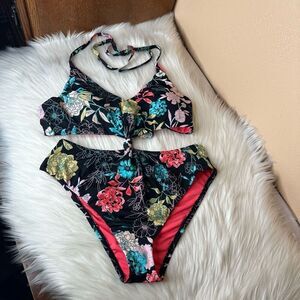 Bar Ill Rose Garden Twist Front Cut-Out Black Floral Halter One-Piece Swimsuit M